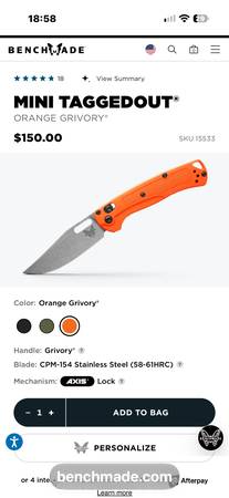 Benchmade 15533 Mini Taggedout – CPM-154 Clip Point – Orange Grivory – 1