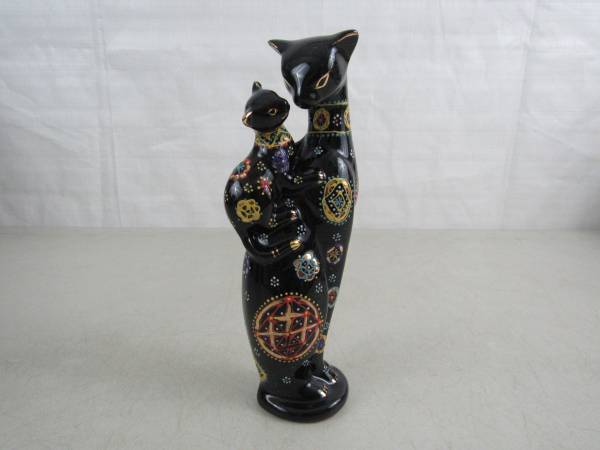 Ceramic Hand Painted Black Multi Colored Mom Cat & Kitten-8 3/4" Tall 1