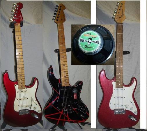 Guitars:Fender USA red strat 1995,Leo Jaymz w/FX,Fender 12" spk,case 1