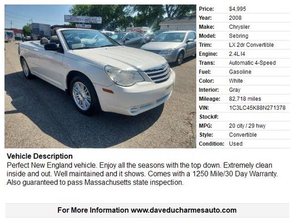 2008 Chrysler Sebring Convertible w/82k miles - $4,995 (Lowell, MA *www.daveducharmesauto.com)63486440429185121