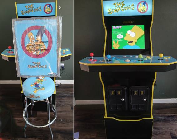The SIMPSONS Arcade1up 4 Player Cabinet With Riser, Stool & Sign 1