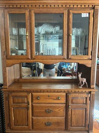 Vintage Two-Piece Solid Oak China Cabinet / Hutch (Working Lights) 1