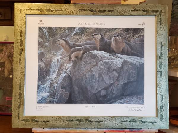 REDUCED Bateman "On the Brink" print of river otters painting framed 1