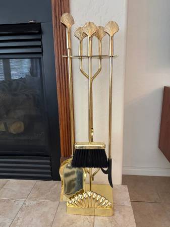 Vintage brass seashell fireplace tool set 1