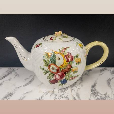 Fruits and Flowers Large Teapot. Fine Porcelain Pot with Gold, Chip Free. Hand P 1