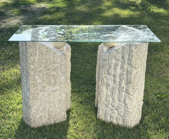 Magnussen Ponte Postmodern Tessellated Travertine Stone Glass Table 1