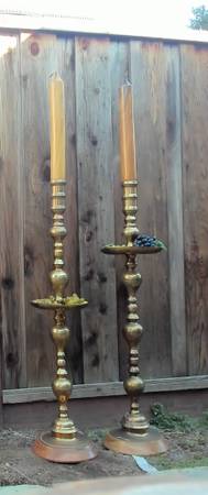 Etched Pair Brass Floor Candlesticks Altar Prayer Candle Holders 67 In 1