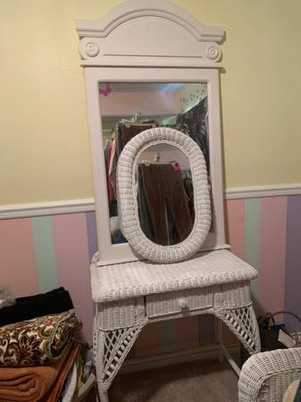 White Wicker Table Mirrors and White Wooden  armoire 1