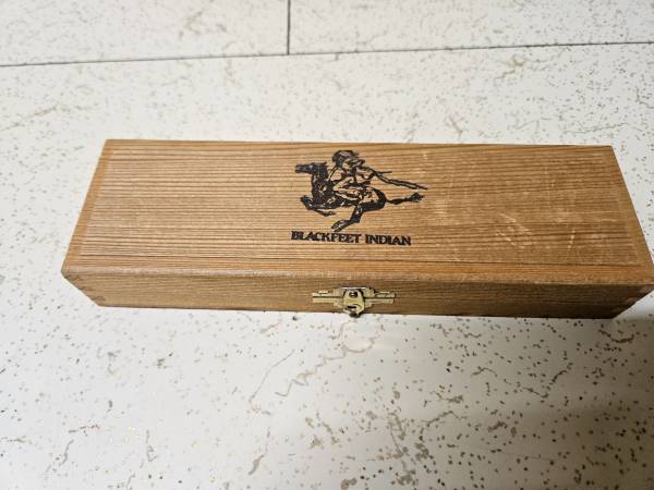 Vintage Blackfeet Indian Pencil Wooden Box Case w/ Hinges, Clasp 1
