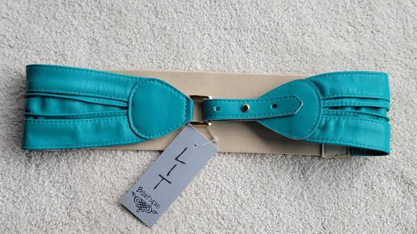 NEW Vintage ELEGANTLY WAISTED teal Leather/Elastic Stretch “Zoe” Belt 1