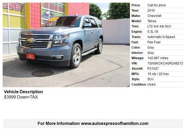 2016 Chevrolet Tahoe LTZ $3999 DOWN + TAX, BUY HERE / PAY HERE - $3,999 (Hamilton)63470600318721121