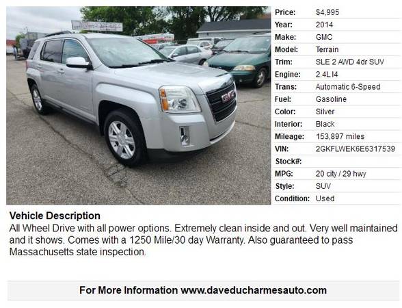 2014 GMC Terrain SLE AWD - $4,995 (Lowell, MA *www.daveducharmesauto.com)63486519149057121