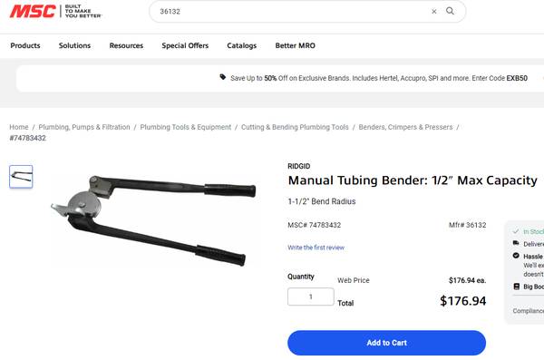 Manual Tubing Bender: 1/2" Capacity 1
