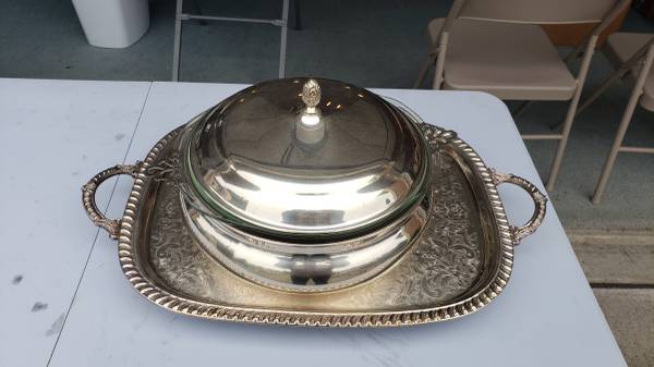 Silver serving tray and serving dish 1