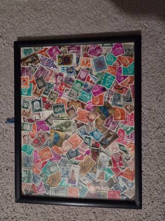 Vintage Framed Israeli Stamp Mosaic Art, 100+ Stamps 1948–1960s 13x10" 1