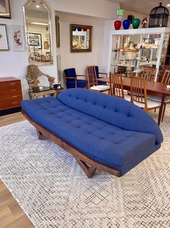 New Custom Made Adrian Pearsall Style Walnut Blue Gondola Sofa 1