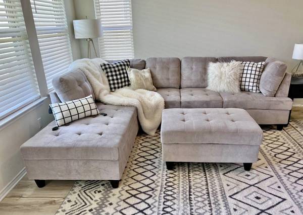 COSTCO Gray chenille sectional couch and ottoman 1