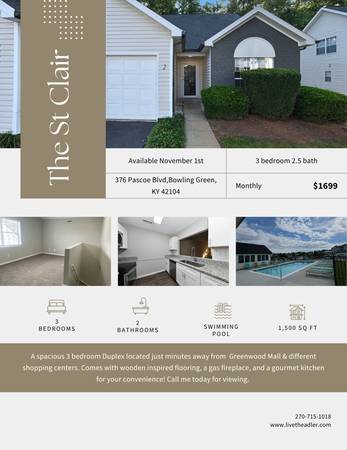 $1,699 / 3br - 1500ft2 - 3 bedroom Duplex for rent $1699/month at The Adler! (Bowling Green)63897515634690120