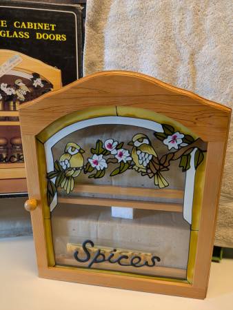 New in Box Wood Spice Cabinet with Stained Glass 1
