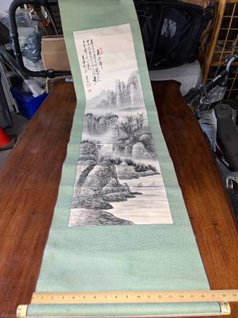 Asian Scroll Painting Mountains Boat On Water 1