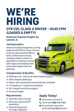 🚛 OTR CDL Class A Driver – $0.65 CPM (Loaded & Empty) 1
