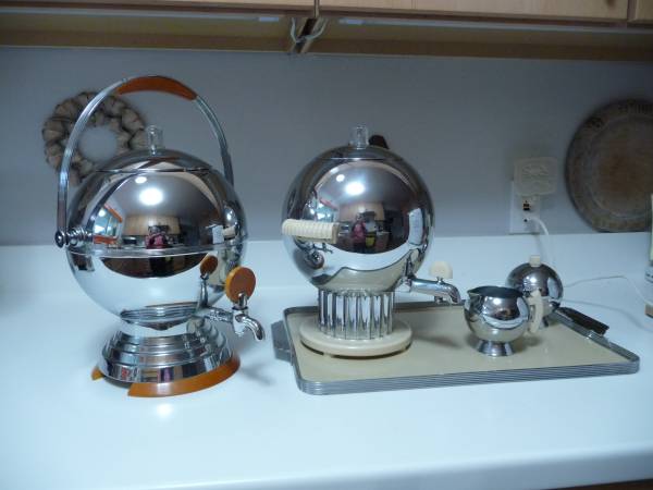 Two art deco coffee percolators One with tray and cream sugar holders 1