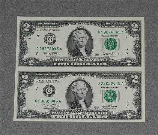 Two  un-cut  $2 bills from 2003 ~ 1